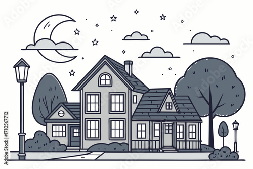 Charming suburban home under a serene moonlit sky, a peaceful neighborhood vibe perfect for family-friendly marketing and real estate promotions