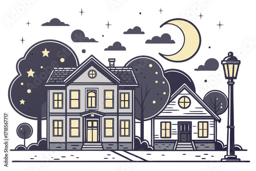 Charming neighborhood scene with glowing houses under a starry moonlit sky, a tranquil evening ambiance perfect for storybooks or whimsical designs