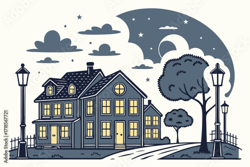 Charming home with inviting glowing windows under a starry night sky, perfect for real estate, neighborhood, or family themed designs, originally a vector graphic