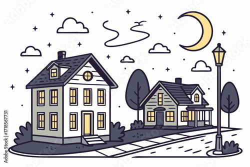 Charming suburban houses under the moonlight, evoking peaceful nights in a friendly neighborhood in a scalable graphic, perfect for cozy vibes
