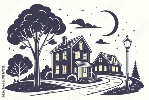 Serene nighttime neighborhood scene with cozy homes, stars, and a crescent moon, perfect for storybooks, holiday greetings, or real estate marketing materials