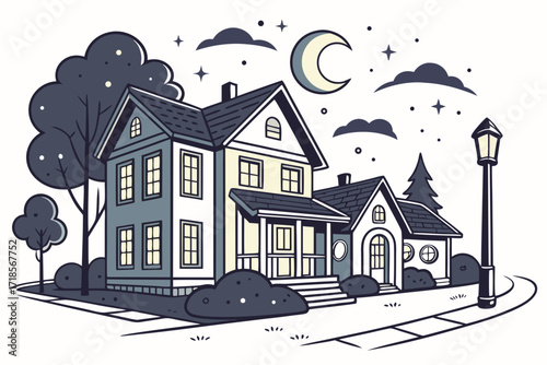 Charming neighborhood scene at night with moon and stars, cozy homes and trees, perfect for storybooks and illustrations, inviting and peaceful mood