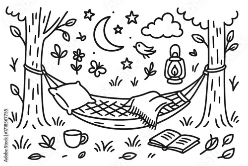 Hammock Under Stars. Hand-drawn doodle illustration Hammock under stars [hammock, pillow, blanket, tree, crescent moon, star, cloud, bird, book, lantern,