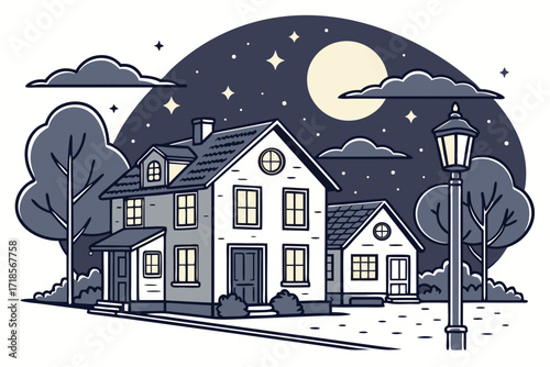 Charming suburban home under starry night sky with a bright moon, a classic lantern illuminating the peaceful neighborhood, evoking a sense of calm and safety