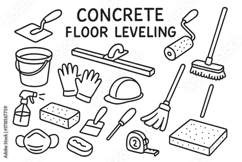 Concrete Floor Tools Icons. Hand-drawn doodle illustration Concrete floor leveling [leveling tool, trowel, screed board, roller brush, bucket, gloves, helmet,