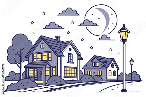 Charming neighborhood scene under a starry night sky, cozy homes glowing with warm light, invoking a sense of peace and tranquility for modern living