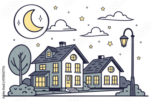 Whimsical nighttime neighborhood scene with cozy houses under a crescent moon and stars, perfect for children's books or storytime illustrations