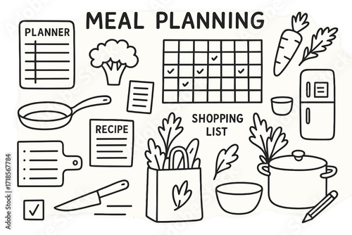 Meal Planning Doodles. Hand-drawn doodle illustration Meal Planning with Vegetables planner, calendar, shopping list, broccoli, recipe card, pan, cutting