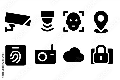 Surveillance Technology Icons. Solid, filled icon set of surveillance technology: thermal camera, infrared sensor, facial recognition, GPS tracker, biometric