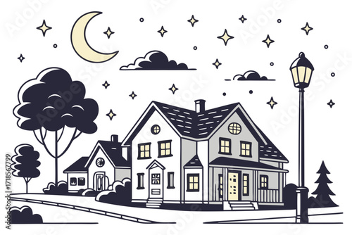 Charming suburban home under the moonlight, stars twinkling above, inviting and serene residential scene, perfect for neighborhood or community themes
