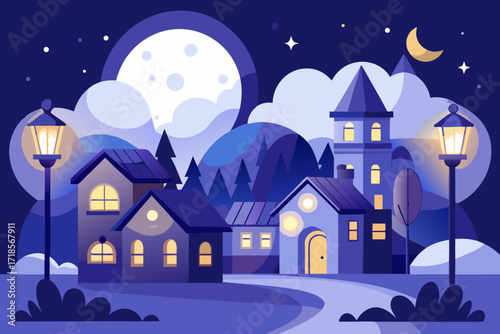 Enchanting nighttime village scene under a bright moon and starry sky, perfect for children's books or whimsical designs, evoking peace and wonder