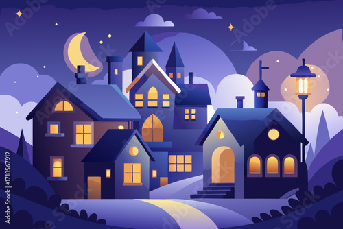 Charming village scene under a magical moonlit sky, inviting storybook illustration, perfect for whimsical designs and children's books with a cozy, dreamlike feel