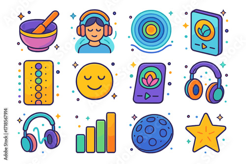 Music and Wellness Icons. Colorful isometric vector icons set of music and wellness fusion: sound bath bowl, headphone meditation icon, peaceful aura wave, zen