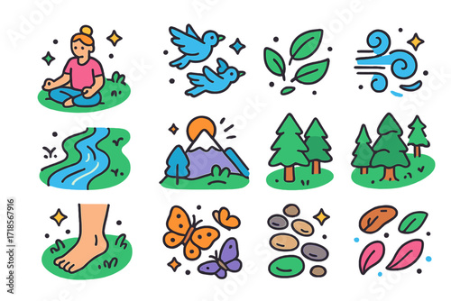 Yoga and Nature Icons. Colorful isometric vector icons set of Yoga and Nature Connection: person doing yoga outside, birds flying, leaves blowing, stream