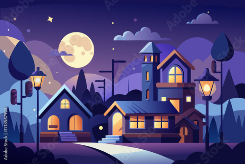 Dreamy nighttime neighborhood scene with glowing windows and a bright moon, bringing a sense of peace and wonder to any creative project