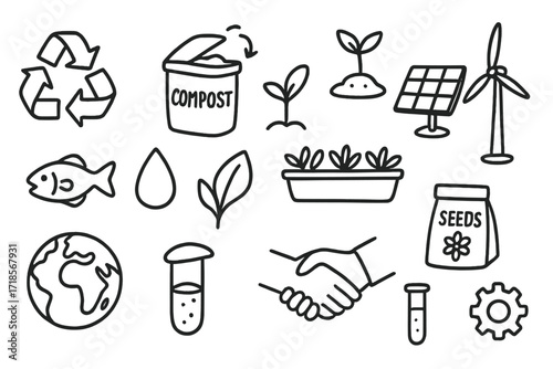 Sustainable Food Doodles. Hand-drawn doodle illustration sustainable food systems recycling arrows, compost bin, seedling, sprout, solar panel, wind turbine,