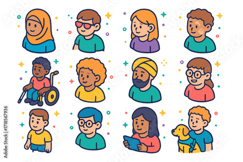 Diverse Student Expressions. Colorful isometric vector icons set of Diverse student expressions: student in hijab, student with cane, student with hearing aid,