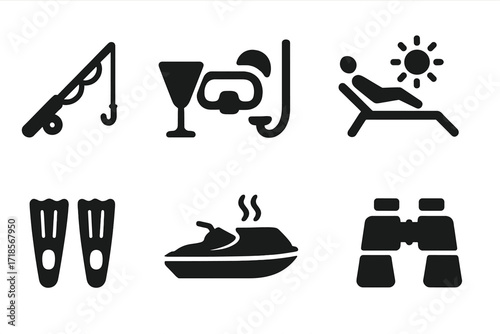 Yacht Activity Icons. Solid, filled icon set of yacht activities: fishing rod, snorkeling mask, cocktail glass, sunbathing, diving fins, jet ski, barbecue