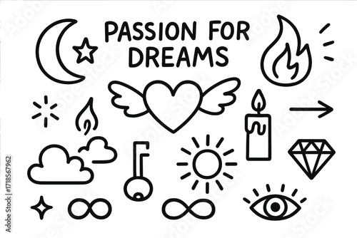 Dream Symbols Doodle. Hand-drawn doodle illustration Passion for dreams moon, star, flame, heart, wings, spark, swirl, candle, arrow, cloud, key, sun, diamond,