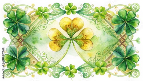 A whimsical watercolor illustration of shamrocks and intricate foliage, ideal for celebratory springtime designs.