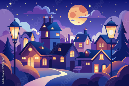 Enchanting nighttime cityscape with glowing moon and fairytale houses evokes feelings of wonder and magic, perfect for children's books and holiday themes