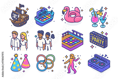 Themed Boat Party Icons. Colorful isometric vector icons set of themed boat parties: pirate ship party, 80s disco deck, white party guests, neon lights,