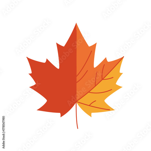 A stylized autumn maple leaf illustration with split red and orange coloring, symbolizing the fall season on an isolated white background.