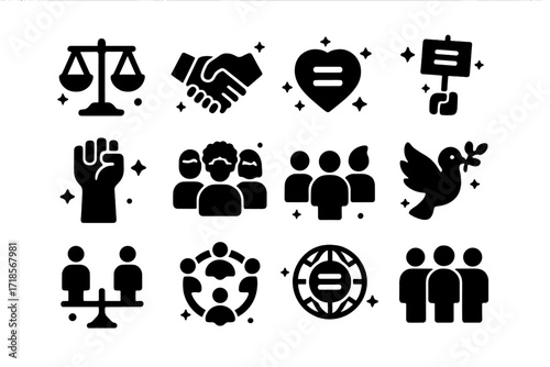 Equality Icons Set. Social Equality. Solid icons set of justice scale, handshake, equality symbol, protest sign, raised fist, diverse group, heart with equal
