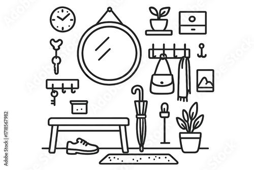 Entryway Essentials Doodle. Hand-drawn doodle illustration Entryway mirror zone [round mirror, key holder, bench, shoe, mat, wall hooks, bag, clock, shelf,