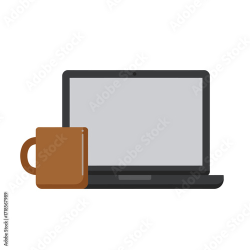 A simple flat design illustration showing a black laptop with a blank screen next to a brown coffee mug on a white background.