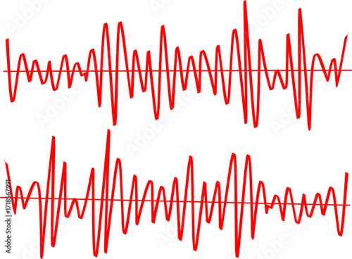 Red digital sound wave oscillation waveform illustration, abstract audio frequency signal graph design for music, technology, science, and data concepts.
