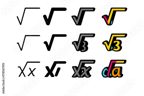 Mathematical Roots Icons. Icon Set of Mathematical Roots: Square root symbol, Cube root symbol, Radicand expression. Icons set in vector style, emblematic