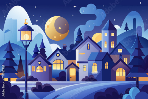 Enchanting winter village landscape with glowing windows and a radiant moon, perfect for holiday cards and cozy seasonal promotions, originally a scalable graphic