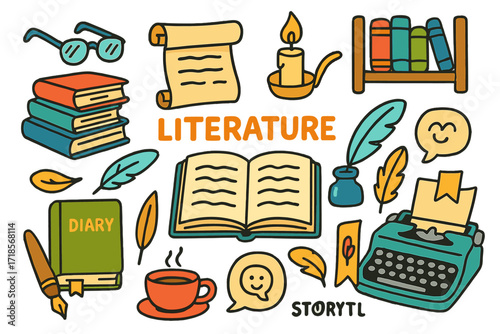 Literary Essentials Doodle. Literature. Colorful Hand-drawn doodle Children illustration Literature open book, stack of books, quill pen, ink bottle, reading