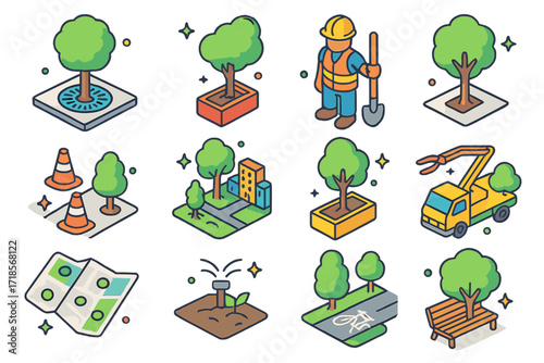 Urban Tree Planting Icons. Colorful isometric vector icons set of Urban tree planting: tree pit with grate, street planter, city worker, sidewalk cutout,