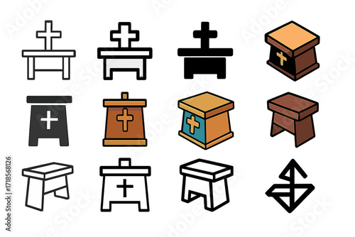 Church Altar Logos. Set Logo of Church Altar: wooden altar with cross. Logo set in vector style, emblematic variations. line, bold thick line, solid black