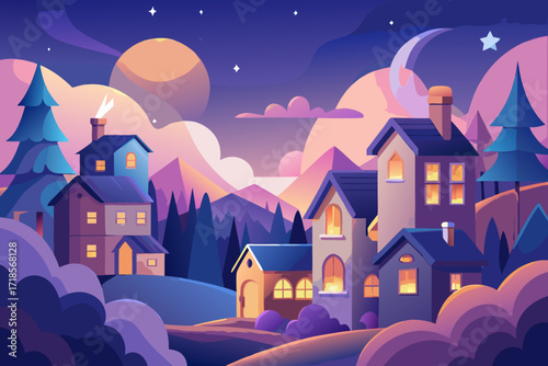 Enchanting twilight scene featuring cozy houses nestled among rolling hills, evoking a sense of wonder and serenity, perfect for dreamy illustrations