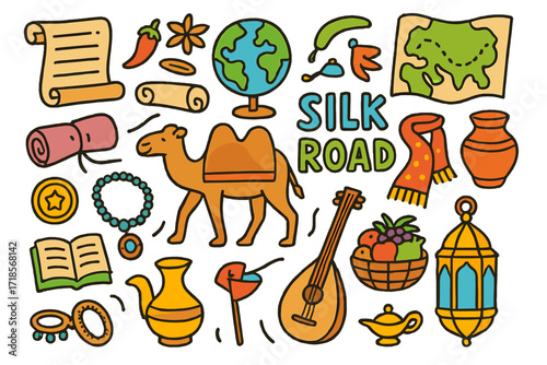 Silk Road Doodle. Colorful Hand-drawn doodle Children illustration Story of the Silk Road camel, silk roll, spices, scroll, globe, map, pottery, scarf, fruit