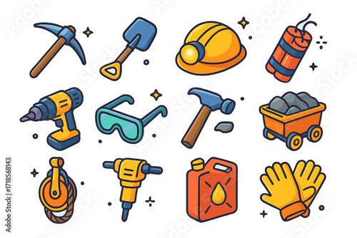 Colorful Mine Tools. Colorful isometric vector icons set of mine tools and equipment: pickaxe, shovel, helmet with light, dynamite bundle, mining drill, safety
