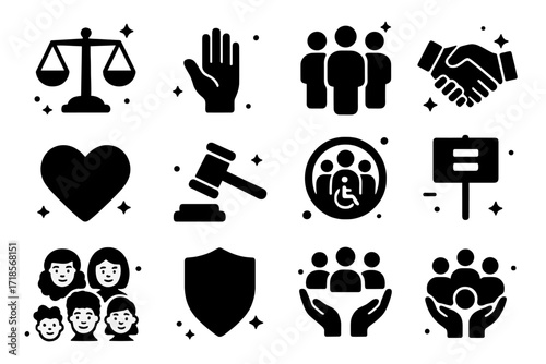 Icons of Equality. Fairness. Solid icons set of balanced scale, open hand, group of people, handshake, heart, justice hammer, inclusive circle, equality