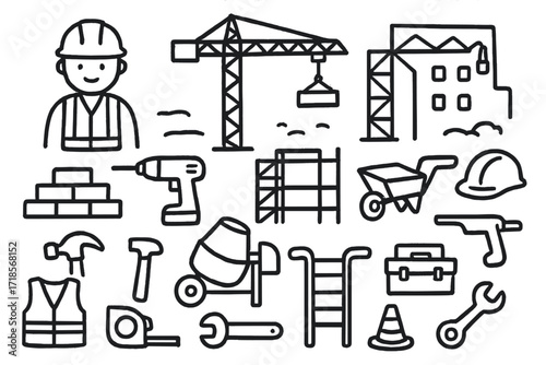 Urban Construction Doodle. Hand-drawn doodle illustration [urban construction site] [worker, crane, scaffolding, bricks, cement mixer, hammer, drill,
