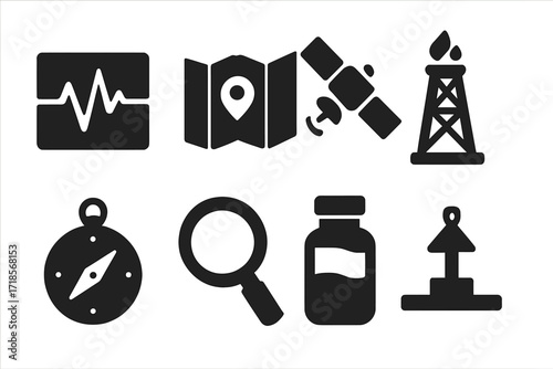 Oil Exploration Icons. Solid, filled icon set of oil exploration: seismic waves, map, satellite, drilling rig, compass, magnifying glass, sample container,