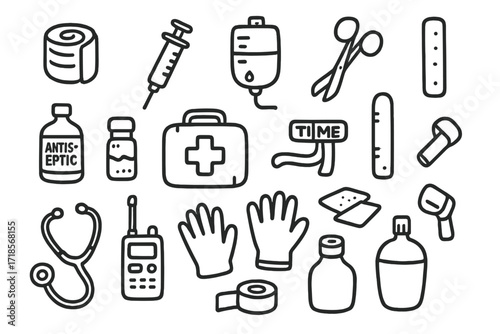 Combat Medic Supplies. Hand-drawn doodle illustration combat medic supplies bandage roll, syringe, IV drip, tourniquet, first aid kit, medical scissors,