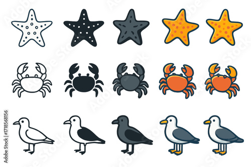 Beach Icon Set. Icon Set of Beach Landscapes and Coastal Beauty Ocean Life: Starfish, Crab, Seagull. Icons set in vector style, emblematic variations. Starfish