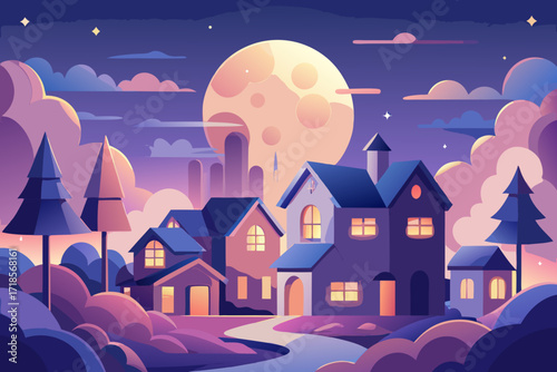 Enchanting village scene bathed in moonlight, with cozy illuminated houses and stylized trees under a dreamy sky, perfect for storybooks