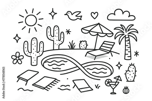 Desert Oasis Doodle. Hand-drawn doodle illustration Desert infinity pool [infinity pool, cactus, sun, star, sparkle, wave, towel, lounge chair, umbrella, bird,