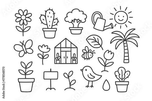 Botanical Garden Doodles. Hand-drawn doodle illustration botanical garden flower, cactus, bonsai, palm tree, leaf, watering can, greenhouse, pot, butterfly,