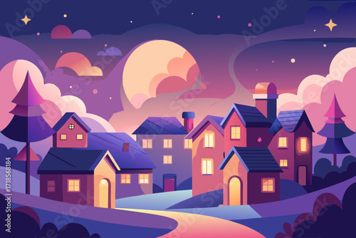 Enchanting village bathed in moonlight, a peaceful and dreamy nighttime scene with cozy houses and twinkling stars, radiating warmth and serenity for holidays