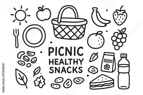 Healthy Picnic Doodle. Hand-drawn doodle illustration picnic healthy snacks basket, plate, apple, banana, orange, grapes, strawberry, nuts mix, seed packet,