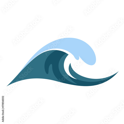 A stylized illustration of a powerful ocean wave cresting and breaking, rendered in shades of deep blue and light blue against a white background.